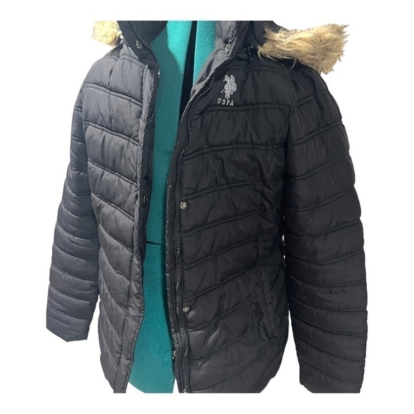 U.S. Polo Assn. Jacket Size M Black Puffer Faux Fur Hood Polyester Woman - Picture 4 of 5